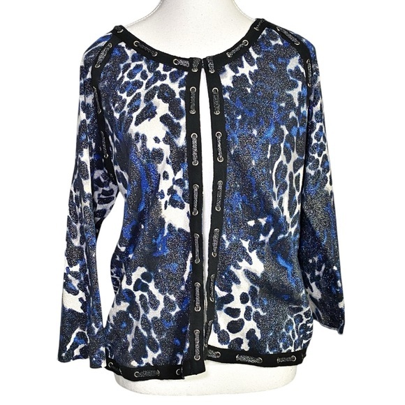 Sharon Young Sweaters - Sharon Young Black and Blue Animal Print Shimmer Long Sleeve Cardigan